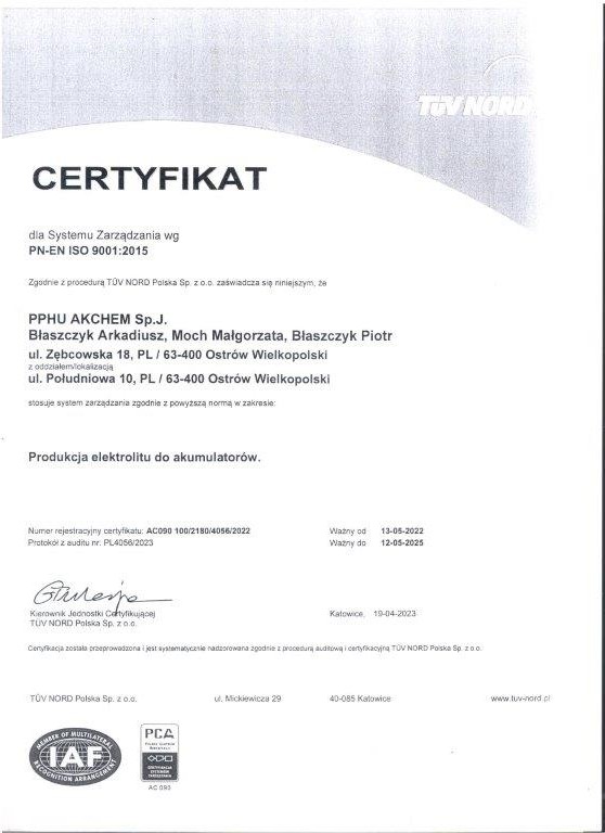 PPHU Akchem sp.j. - certyfikat TüV NORD - PN-EN ISO 9001 - System zarządzania jakością